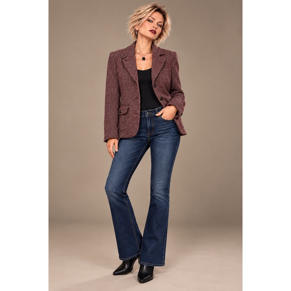 L.L.Bean M Burgundy Herringbone Wool Silk Blazer Tailored Jacket